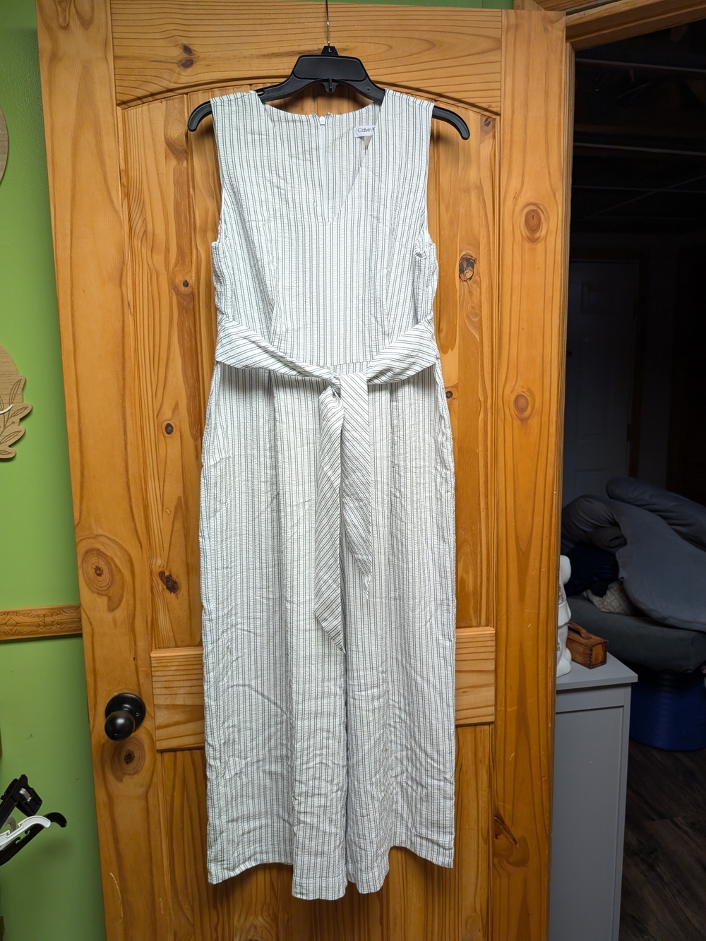 White and Gray Pinstripe Seersucker Jumpsuit - Calvin Klein